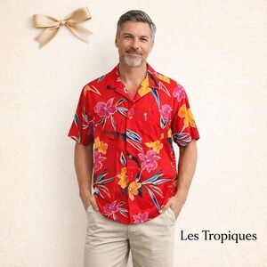 Les Tropiques Hawaiian Shirt Size L Red Floral